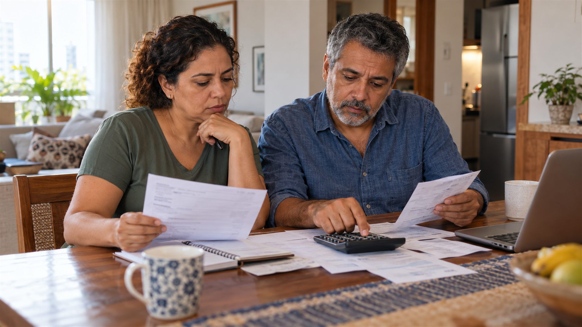 Casal analisando contas e despesas domésticas.