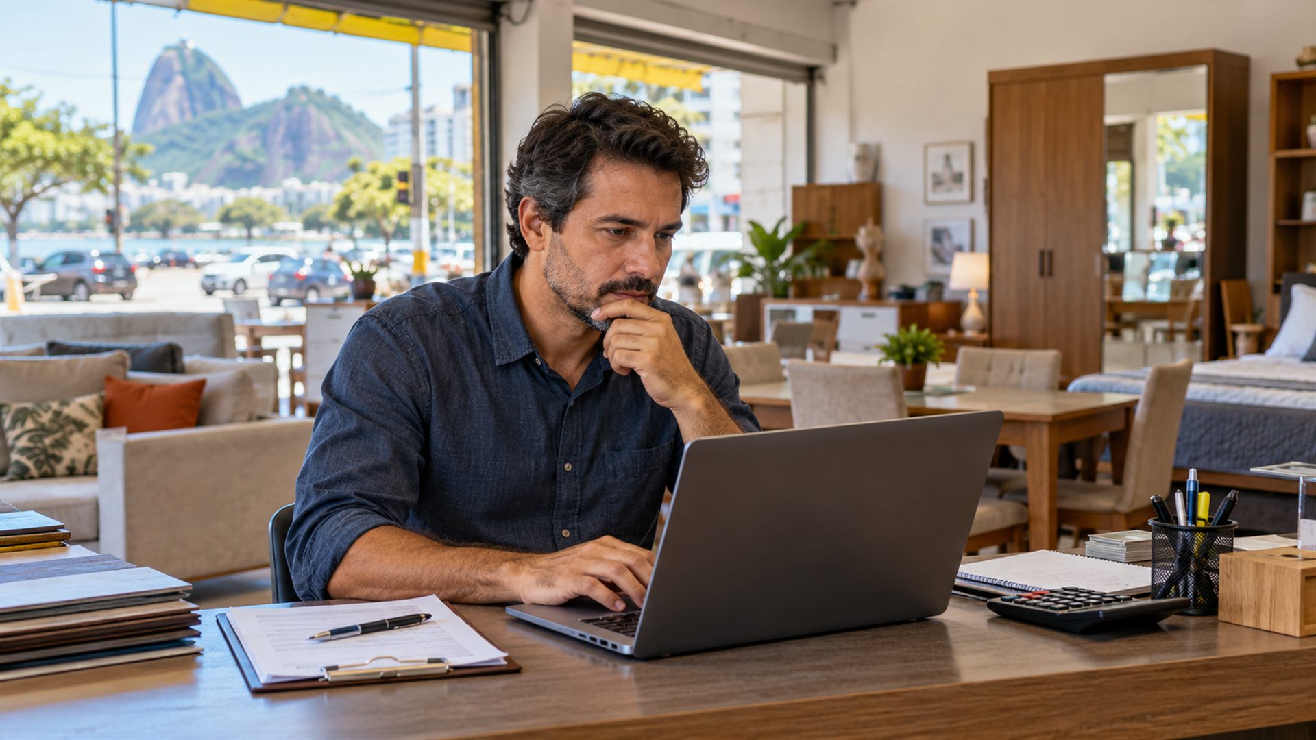 Empresário analisando informações financeiras em uma loja de móveis.
