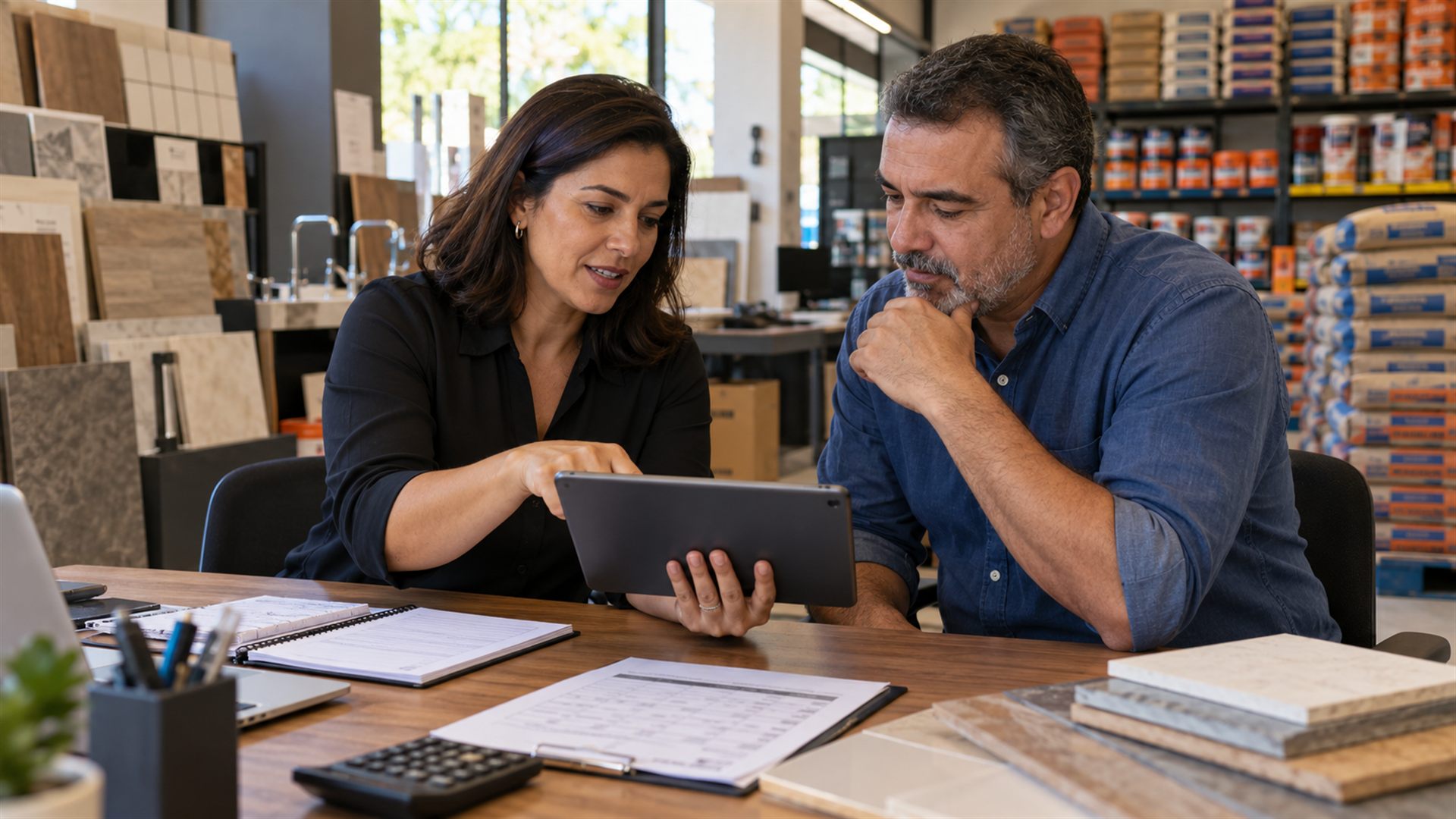 Empresária e cliente analisando informações em um tablet.