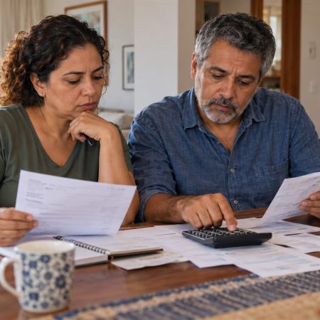 Casal analisando contas e despesas domésticas.