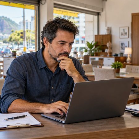 Empresário analisando informações financeiras em uma loja de móveis.