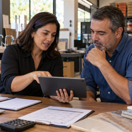 Empresária e cliente analisando informações em um tablet.